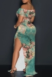 Blue Casual Floral Print Slit Off Shoulder Long Dresses