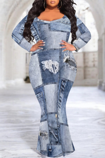 Baby Blue Sexy Faux Denim Print Contrast V Neck Fishtail Plus Size Dresses