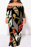 Red Sexy Floral Print Leopard Contrast Off Shoulder Printed Plus Size Dresses(No Belt)