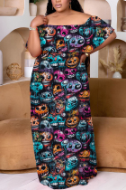 Black Casual Print Patchwork Off Shoulder Long Plus Size Dresses