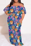 Blue Casual Print Patchwork Off Shoulder Long Plus Size Dresses
