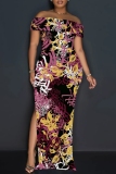 Blue Casual Print Slit Off Shoulder Long Dresses