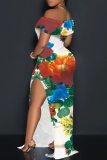 Blue Casual Print Slit Off Shoulder Long Dresses