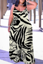 Apricot Casual Print Backless V Neck Plus Size Jumpsuits (With Headscarf)