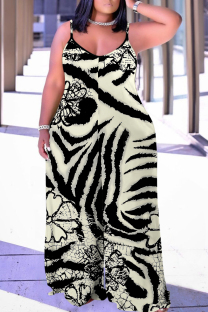 Apricot Casual Print Backless V Neck Plus Size Jumpsuits (With Headscarf)