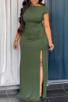 Army Green Elegant Solid Color Patchwork High Slit Ruched O Neck Long Dresses