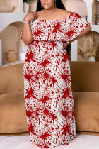 White Red Casual Print Patchwork Off Shoulder Long Plus Size Dresses