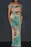 Blue Casual Floral Print Slit Off Shoulder Long Dresses