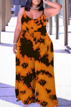 Orange Casual Print Backless V Neck Plus Size Jumpsuits (With Headscarf)