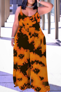 Orange Casual Print Backless V Neck Plus Size Jumpsuits (With Headscarf)
