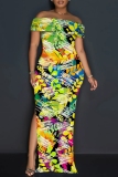 Blue Casual Print Slit Off Shoulder Long Dresses