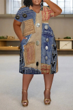 Baby Blue Casual Street Faux Denim Print Pocket Contrast V Neck Printed Plus Size Dresses