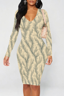 Light Khaki Elegant Print Patchwork V Neck Wrapped Skirt Dresses