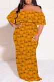 Blue Casual Print Patchwork Off Shoulder Long Plus Size Dresses