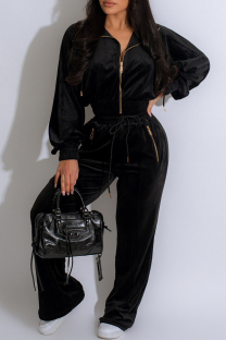 Black Casual Solid Color Draw String Pocket Patchwork Zipper Zipper Collar Long Sleeve Two Pieces