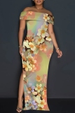 Blue Casual Print Slit Off Shoulder Long Dresses