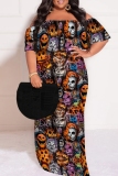 Blue Casual Print Patchwork Off Shoulder Long Plus Size Dresses
