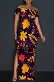 Blue Casual Floral Print Slit Off Shoulder Long Dresses