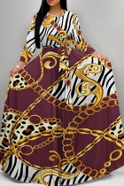 Burgundy Casual Print Patchwork Strap Design O Neck Long Dresses