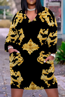 Black Gold Casual Print Pocket Patchwork V Neck Straight Plus Size Dresses