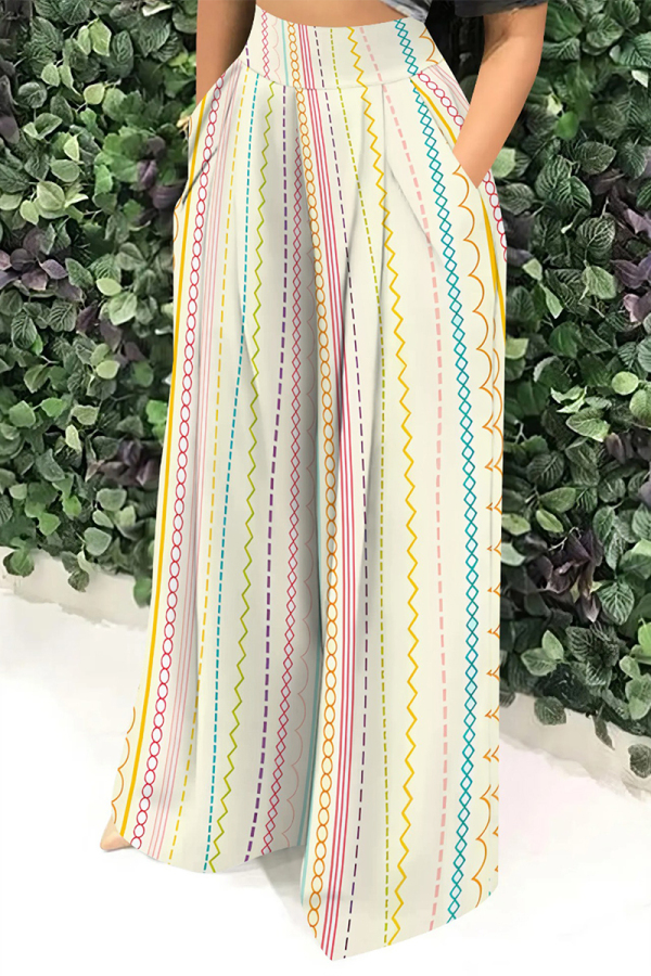 Stripe Casual Street Camouflage Print Stripe Pocket Contrast Loose High Waist Wide Leg Full Print Bottoms