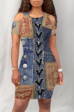 Dark Blue Casual Street Faux Denim Print Contrast O Neck Printed Short Sleeve Dress
