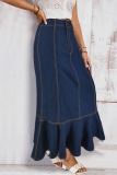 Deep Blue Casual Solid Color Basic High Waist Regular Denim Skirts