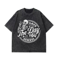 Black HAVE THE DAY YOU DESERVE PRINTING WASHED T-SHIRT