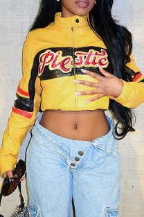 Yellow Casual Letters Patchwork Zipper Zipper Collar Outerwear
