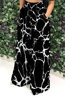 Black Casual Street Camouflage Print Stripe Pocket Contrast Loose High Waist Wide Leg Full Print Bottoms