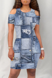 Dark Blue Casual Street Faux Denim Print Contrast O Neck Printed Short Sleeve Dress