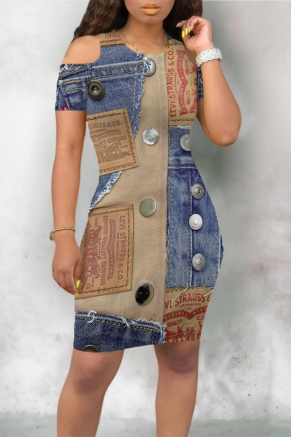 Multicolor Casual Street Faux Denim Print Contrast O Neck Printed Short Sleeve Dress