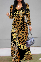 Gold Casual Leopard Print Patchwork V Neck Long Dresses