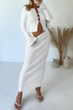 White Elegant Solid Color Buckle Patchwork O Neck Long Sleeve Two Pieces