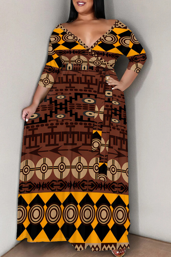 Brown Casual Print Patchwork Strap Design V Neck Long Plus Size Dresses
