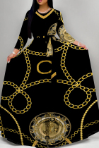 Black Casual Print Patchwork Strap Design O Neck Long Dresses