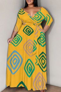 Green Yellow Casual Print Patchwork Strap Design V Neck Long Plus Size Dresses