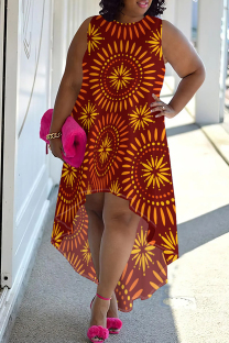 Red Yellow Casual Print Patchwork O Neck Irregular Plus Size Dresses