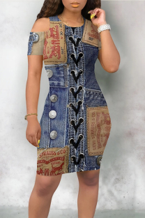 Dark Blue Casual Street Faux Denim Print Contrast O Neck Printed Short Sleeve Dress
