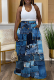 Dark Blue Casual Faux Denim Print Basic Regular High Waist Wide Leg Full Print Trousers