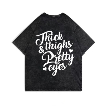 Black THICK THIGHS & PRETTY EYES PRINTING WASHED T-SHIRT