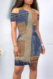 Dark Blue Casual Street Faux Denim Print Contrast O Neck Printed Short Sleeve Dress