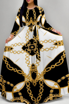 Black And White Casual Print Patchwork Strap Design O Neck Long Dresses