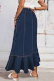 Deep Blue Casual Solid Color Basic High Waist Regular Denim Skirts
