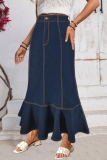 Deep Blue Casual Solid Color Basic High Waist Regular Denim Skirts