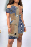 Dark Blue Casual Street Faux Denim Print Contrast O Neck Printed Short Sleeve Dress