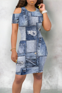 Baby Blue Casual Street Faux Denim Print Contrast O Neck Printed Short Sleeve Dress