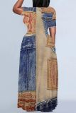 Baby Blue Casual Street Faux Denim Print O Neck Printed Plus Size Dresses