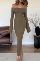 Khaki Elegant Solid Color Patchwork Backless Off Shoulder Long Dresses
