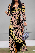 Pink Casual Leopard Print Patchwork V Neck Long Dresses